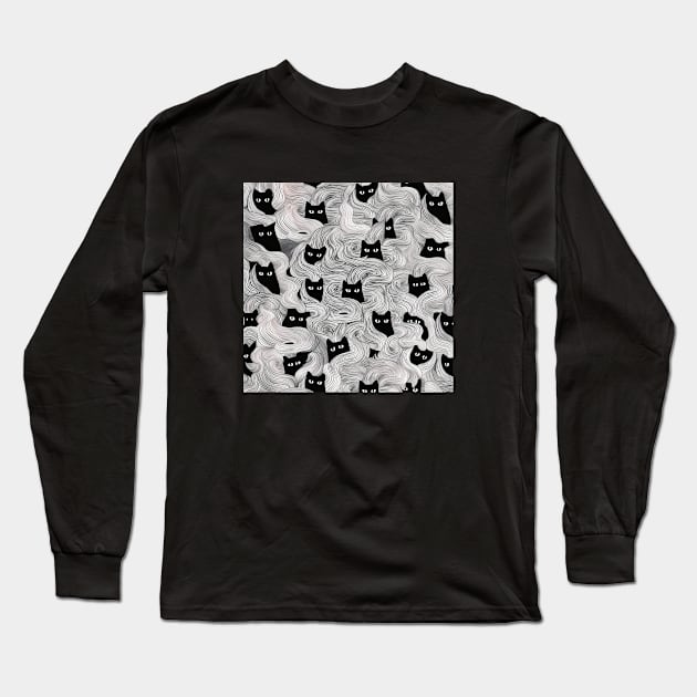 Black and White Liquid Cats Pattern Long Sleeve T-Shirt by DarkSideRunners